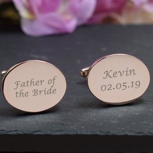 Mens ROSE GOLD Engraved Father of the Bride Wedding Day Custom Engraved OVAL Cufflinks - Personalised Engraved Gift Box Available
