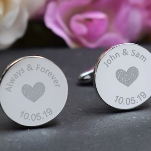 Silver Personalised Engraved ROUND Cufflinks -Wedding Gift, Always & Forever - Personalised Engraved Gift Box Available