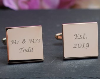 ROSE GOLD Personnalisé Square Wedding Day Cufflinks - M. et Mme, M. et M. - Boîte cadeau gravée personnalisée disponible