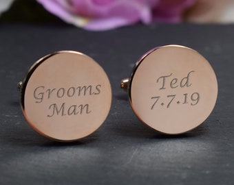 Mens Personalised ROSE GOLD Groomsman Wedding Day Custom Engraved ROUND Cufflinks - Personalised Engraved Gift Box Available