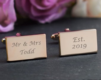 ROSE GOLD Personalised Engraved RECTANGLE Wedding Day Cufflinks - Mr and Mrs, Mr and Mr - Personalised Engraved Gift Box Available