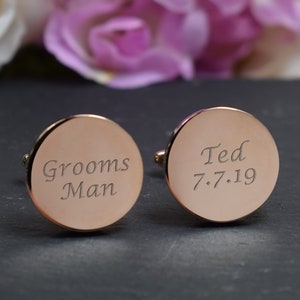 Mens Personalised ROSE GOLD Groomsman Wedding Day Custom Engraved ROUND Cufflinks - Personalised Engraved Gift Box Available