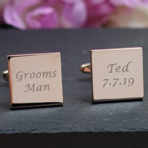 Mens Personalized ROSE GOLD Groomsman Wedding Day Custom Engraved SQUARE Cufflinks - Customd Engraved Gift Box Available