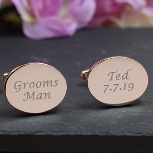 Mens Personalized ROSE GOLD Groomsman Wedding Day Custom Engraved OVAL Cufflinks - Customd Engraved Gift Box Available