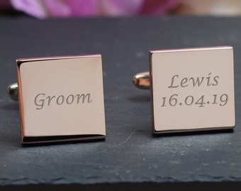 Mens Personalised ROSE GOLD Groom Wedding Day Custom Engraved SQUARE Cufflinks - Personalised Engraved Gift Box Available