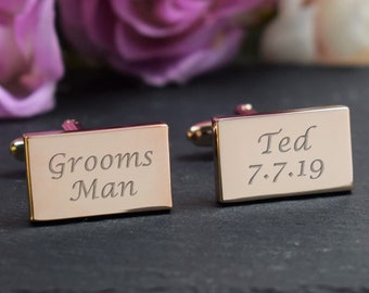 Herren personalisierte ROSE GOLD Groomsman Hochzeitstag benutzerdefinierte gravierte RECTANGLE Manschettenknöpfe - personalisierte gravierte Geschenk-Box erhältlich