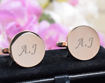 ROSE GOLD Personalised Engraved Initial ROUND Cufflinks - Wedding and Birthday Gift - Personalised Engraved Gift Box Available