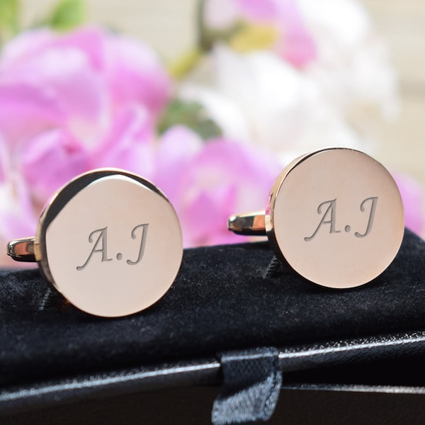 ROSE GOLD Personalised Engraved Initial ROUND Cufflinks - Wedding and Birthday Gift - Personalised Engraved Gift Box Available