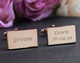 Hombres personalizados ROSE ORO novio día de la boda personalizado grabado RECTANGLE Cufflinks - caja de regalo grabada personalizada disponible