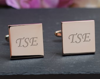 ROSE GOLD Personalised Engraved Monogram SQUARE Cufflinks - Wedding and Birthday Gift - Personalised Engraved Gift Box Available