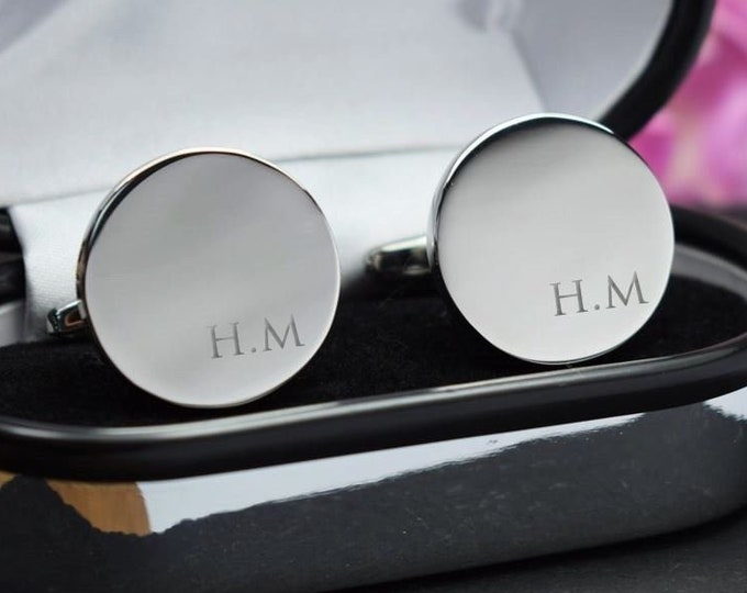 Silver Personalised Engraved Initial ROUND Cufflinks - Wedding or Birthday Gift - Personalised Engraved Gift Box Available