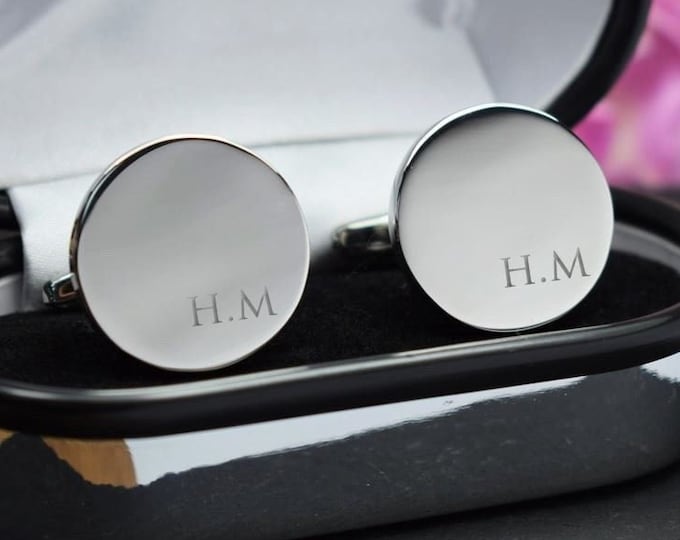 Silver Personalised Engraved Initial ROUND Wedding Cufflinks - Wedding or Birthday Gift - Personalised Engraved Gift Box Available