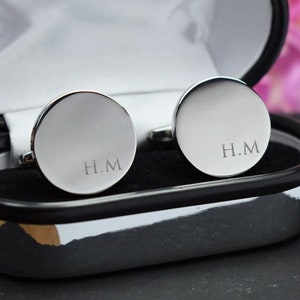 Silver Personalised Engraved Initial ROUND Cufflinks - Wedding or Birthday Gift - Personalised Engraved Gift Box Available