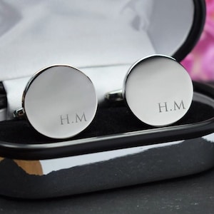 Silver Personalised Engraved Initial ROUND Wedding Cufflinks - Wedding or Birthday Gift - Personalised Engraved Gift Box Available