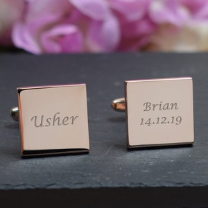 Mens Personalised ROSE GOLD Usher Wedding Day Custom Engraved SQUARE Cufflinks - Personalised Engraved Gift Box Available