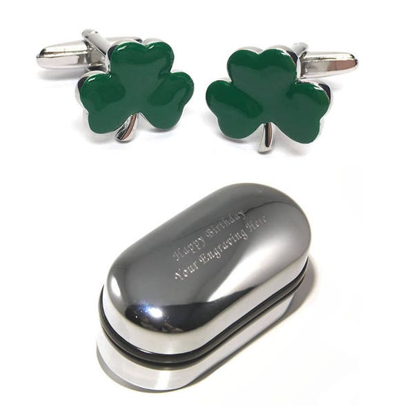 St Patricks Day Ireland Irish Clover Shamrock Cufflinks & Engraved Gift Box (X2AJ001) - Novelty Cufflinks, Personalised Cufflink Box