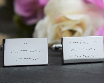 Silver Mens Personalised Morse Code Custom Engraved RECTANGLE Cufflinks - Wedding or Birthday gift, Personalised Engraved Gift Box Available