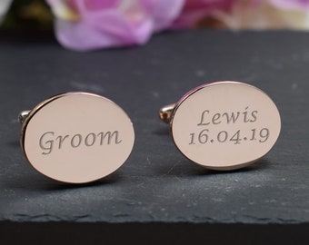 Hombres personalizado ROSA ORO novio día de la boda personalizado grabado OVAL Cufflinks - caja de regalo grabada personalizada disponible