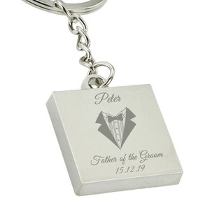 Personalised Engraved Father of the Groom Keyrings - Silver Square Engraved Keyrings, Father of the Groom Gift Grooms Dad Gift Key Chain Fob