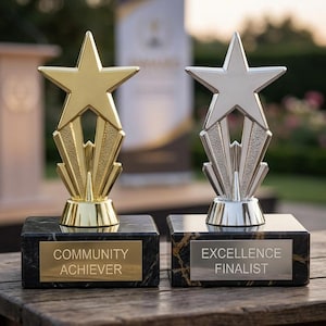 May include: Two star-shaped trophies on a wooden table. One is gold with "Community Achiever" on a plaque, the other is silver with "Excellence Finalist". Both sit on black marble bases.