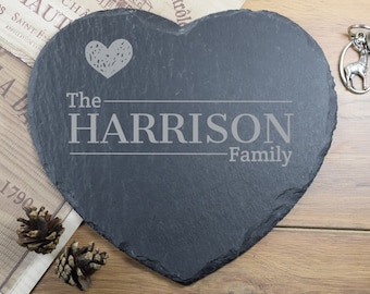 Personalised Engraved Heart Slate Placemat, The Family, Platter, Cheeseboard, Valentines, Wedding Gift, Housewarming Gift, Custom Name