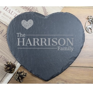 Personalised Engraved Heart Slate Placemat, The Family, Platter, Cheeseboard, Valentines, Wedding Gift, Housewarming Gift, Custom Name