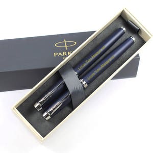 Engraved, Personalised Parker IM Rollerball and Fountain Pen Set In Matte Blue & Chrome - Personalised Birthday Gifts (1931661-1931654)