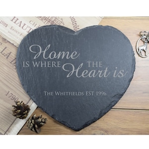 Personalised Engraved Heart Slate Placemat, Home is Where The Heart Is, Platter, Cheeseboard, Valentines, Wedding Gift, Housewarming Gift