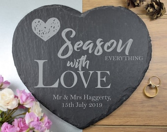 Personalised Heart Slate Placemat Engraved, Seasoned with Love,  Valentines Gift, Wedding Gift, Mothers Day, Fathers Day, Housewarming