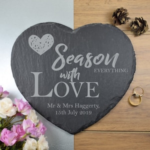 Personalised Heart Slate Placemat Engraved, Seasoned with Love,  Valentines Gift, Wedding Gift, Mothers Day, Fathers Day, Housewarming