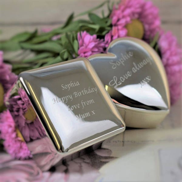 Personalised, Engraved Silver-Plated Trinket Boxes - Square (XAC25) or Heart (XAC33) Box, Valentines Day Gift, Silver Plated Gifts, Trinkets