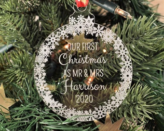 Glass Christmas Tree First Wedding Just Married Car Bauble Decoration