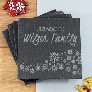 Christmas Coasters Personalised Engraved Slate Christmas With The Family Snowflakes, Christmas Decorations, Stocking Fillers - Pack of 4