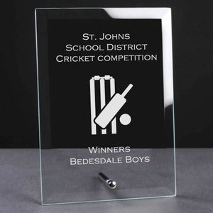 Trophée de cricket personnalisé et gravé en plaque de verre de jade - Match de cricket, Club de cricket