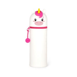 May include: White pencil case shaped like a unicorn with pink and yellow details. The zipper is pink and the case says "Believe in Magic".