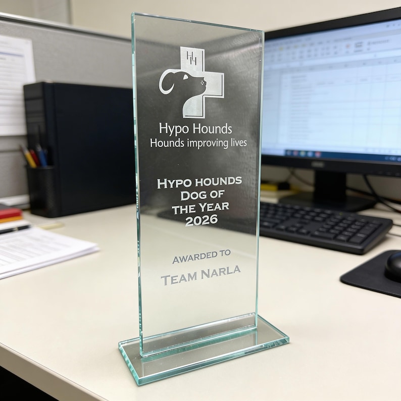 Peut inclure: Un prix en verre transparent de forme rectangulaire avec une base rectangulaire. Le prix porte l'inscription "Hypo Hounds, Hounds improving lives" et "Hypo Hounds Dog of the Year 2026" avec les mots "Awarded to Team Narla".