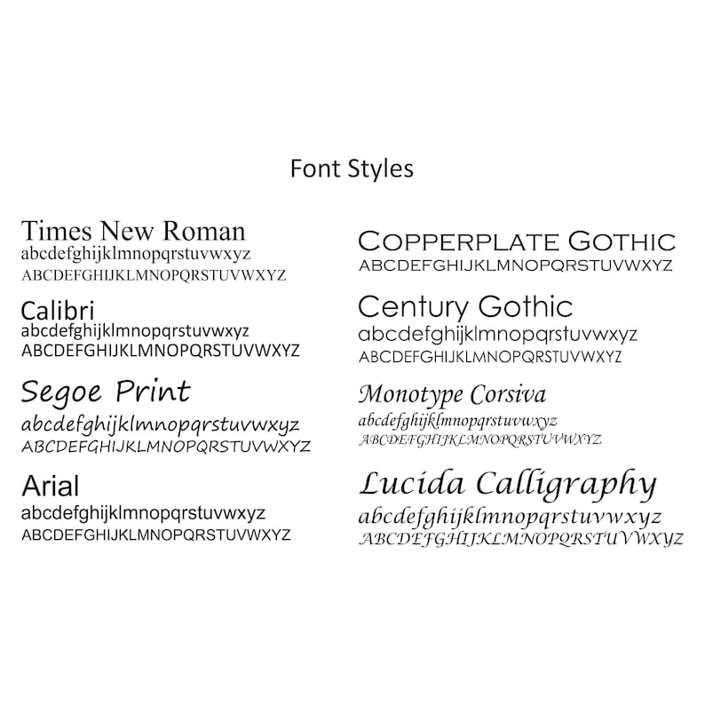 May include: A white background with black text listing different font styles. The font styles include Times New Roman, Calibri, Segoe Print, Arial, Copperplate Gothic, Century Gothic, Monotype Corsiva, and Lucida Calligraphy. Each font style is displayed with a lowercase and uppercase alphabet.