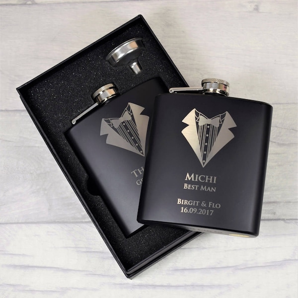 Gravur Schwarzer Hüftfläschchen, Usher, Best Man Hip Flasks, Hochzeitsgeschenke für Bräutigam - Komplett mit Geschenkbox & Trichter