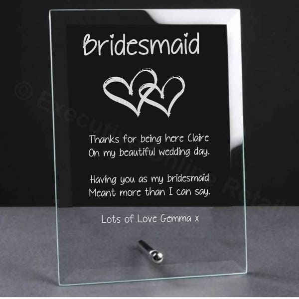 Personalised Engraved Wedding Glass Plaque - Bridesmaid, Maid of Honor Gift, Wedding Party Gifts, Glass Wedding Gifts