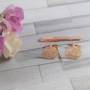 Mens Personalised Custom Rose Gold Engraved Tie slide & cufflink set Tie clip Rose Gold Tie Bar and Cufflinks Wedding and Birthday Gift image 2