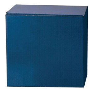 May include: A solid blue wooden box with a smooth, flat top and a slightly textured surface.