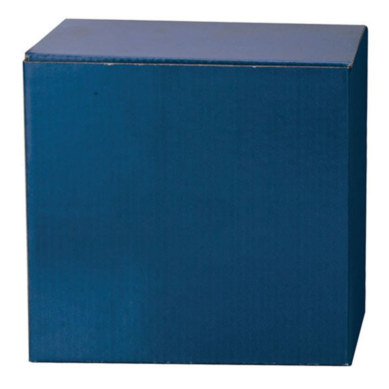 May include: A solid blue wooden box with a smooth, flat top and a slightly textured surface.