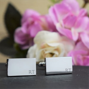 Silver Personalised Engraved Initial RECTANGLE Cufflinks Wedding or Birthday Gift Personalised Engraved Gift Box Available image 2