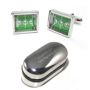 Quirky Football Pitch and Moving Ball Cufflinks & Engraved Gift Box (X2PSN007) - Footy Pitch Cufflinks, Novelty Cufflinks, Personalised Box