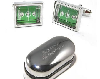 Quirky Football Pitch and Moving Ball Cufflinks & Engraved Gift Box (X2PSN007) - Footy Pitch Cufflinks, Novelty Cufflinks, Personalised Box