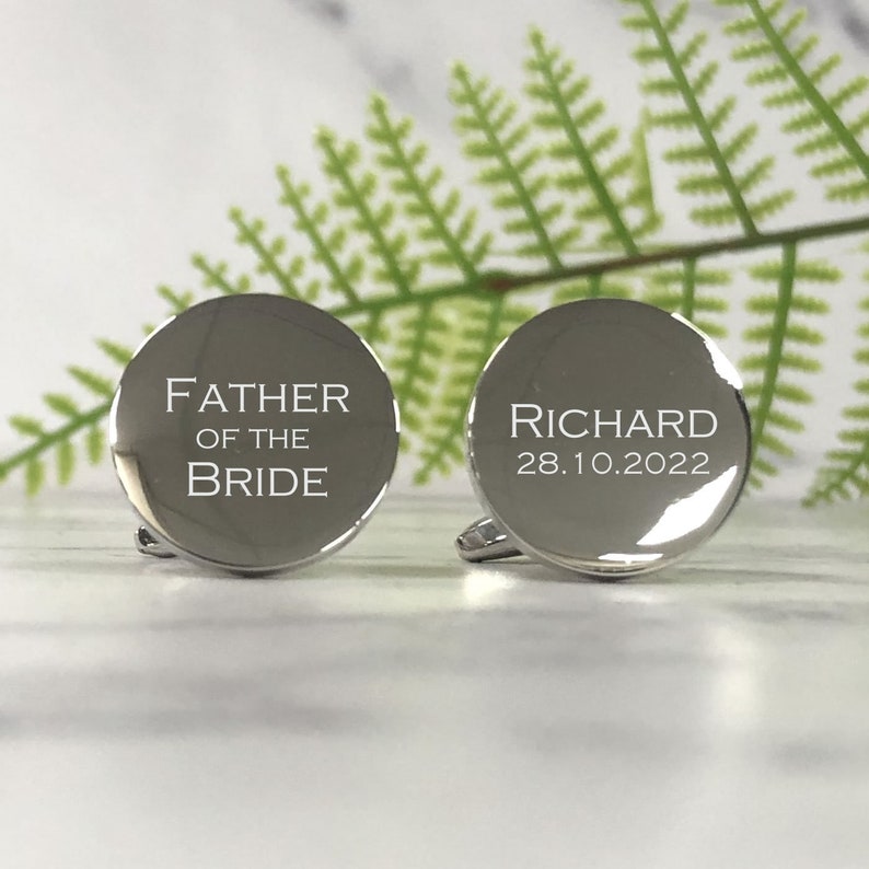 Mens Personalised Father of the Bride Wedding Day Custom Engraved ROUND Cufflinks Personalised Engraved Gift Box Available image 3