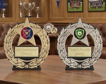 Trofeos económicos con placas metálicas - Oro, Plata y Bronce para danza, fútbol y premios al mérito