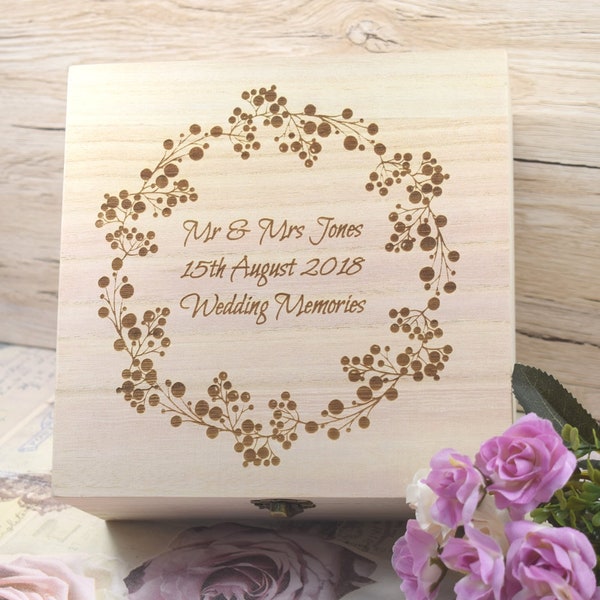 Engraved Wedding Memories Box With Classy, Wreath Design - Wedding Keepsake Box, Gifts For Newly Weds, Marriage Gifts, Anniversary Presents