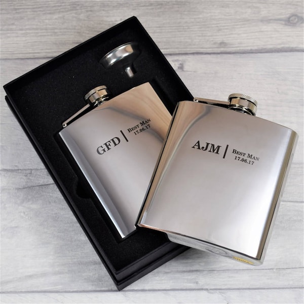 Personalised Laser-Engraved Wedding Hip Flasks, Best Man, Groom, Usher Wedding Gifts, Silver Hip Flasks Best, Gift Box with Funnel Available