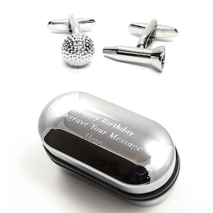 Men&#39;s Sport Golf Ball and Tee Cufflinks & Engraved Gift Box (X2PSN185) - Novelty Cufflinks, Quirky Cufflinks, Personalised Cufflinks Box